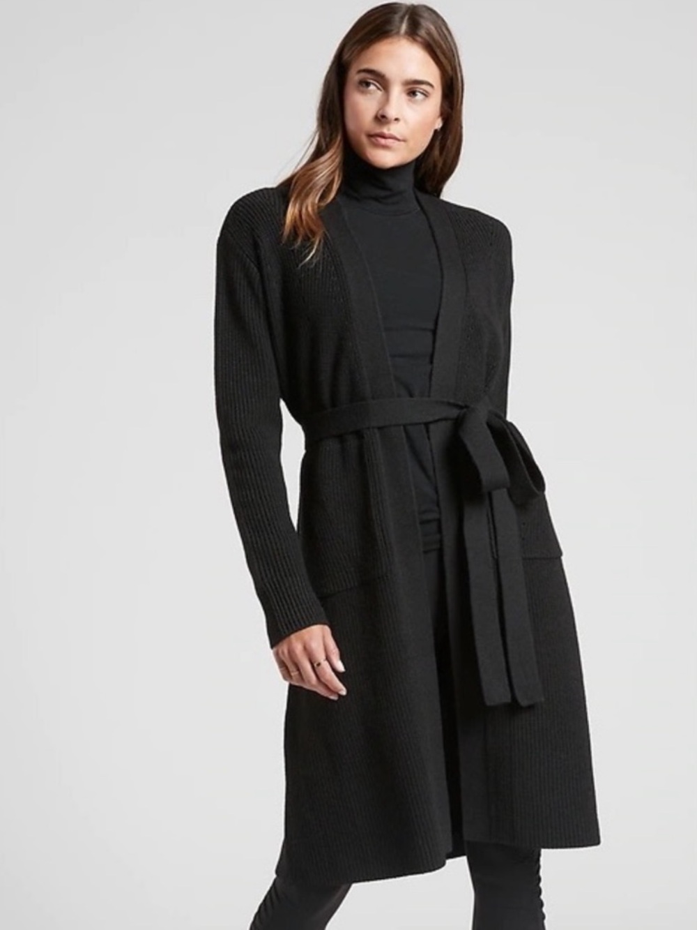 Athleta Scenic Wrap Cardigan Longline Belted Knit Wool Merino Black Size Large